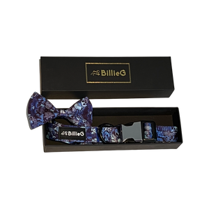 Blue Graffiti Nylon Collar & Bow Tie with Quick Release Silver Metal Buckle