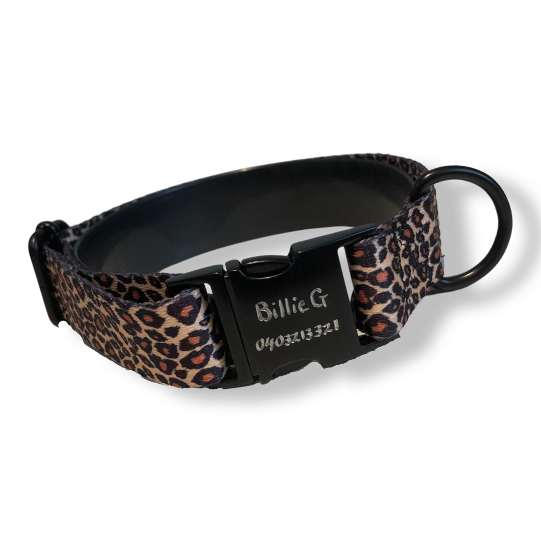 BillieG Leopard Print Adjustable Nylon Collar & Bow tie with Quick Release Black Engravable Metal Buckle