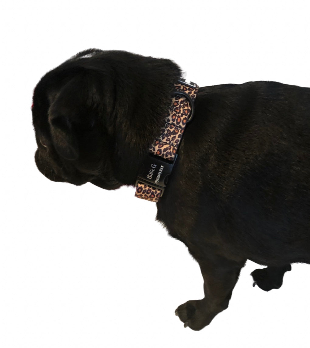 BillieG Leopard Print Adjustable Nylon Collar & Bow tie with Quick Release Black Engravable Metal Buckle